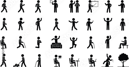 Stick figure walking, sitting, talking, working, exercising, gesturing, running, relaxing,