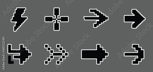 Pixelated directional arrows and lightning bolt symbols black