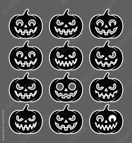 Spooky black pumpkin faces with carved expressions halloween jackolantern