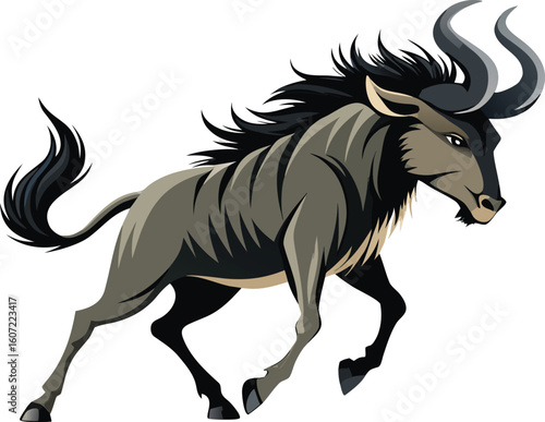 Illustration of a running wildebeest with horns and mane