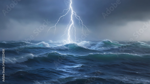 Dramatic ocean storm scene capturing powerful lightning bolts striking through dark stormy clouds above turbulent waves and choppy seas during severe weather conditions.