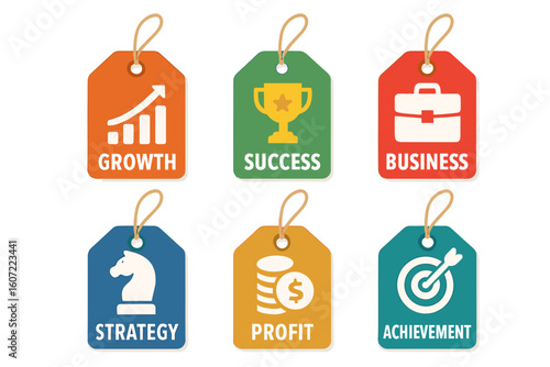 A colorful tags showcase business growth, success, and strategy icons, a vivid illustration for corporate objectives.