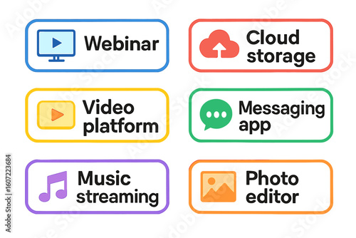 A illustration showing webinar, cloud storage, video platform, messaging app, music streaming, and photo editor, all in colorful rounded rectangle buttons
