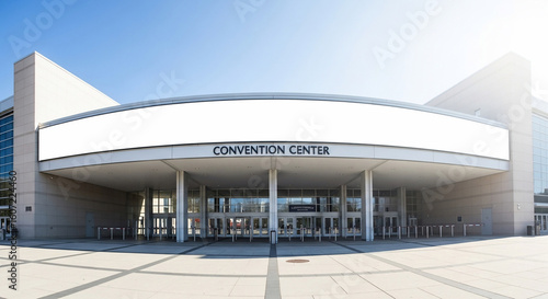 Modern Convention Center Exterior with Blank Billboard for Copy Space