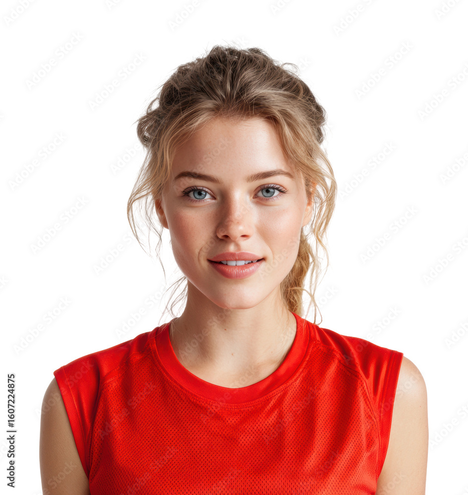 Dynamic portrait of a young woman in red sportswear environment expressing confidence isolated on transparent background Dynamic portrait of a young woman in red sportswear environment expressing confidence isolated on transparent background