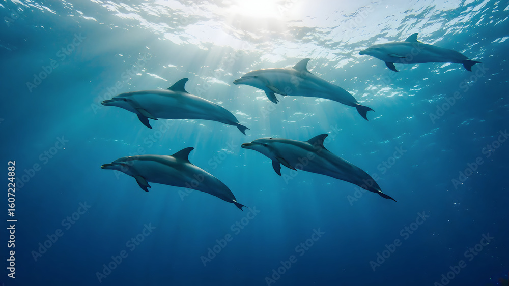 Obraz premium Aerial view captures synchronized dolphin pod gliding through crystal-clear turquoise waters, highlighting harmony in vibrant tropical marine wildlife environment.