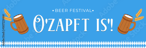Beer festival poster on blue background with wooden beer mugs.