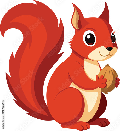 Cute cartoon red squirrel holding a nut