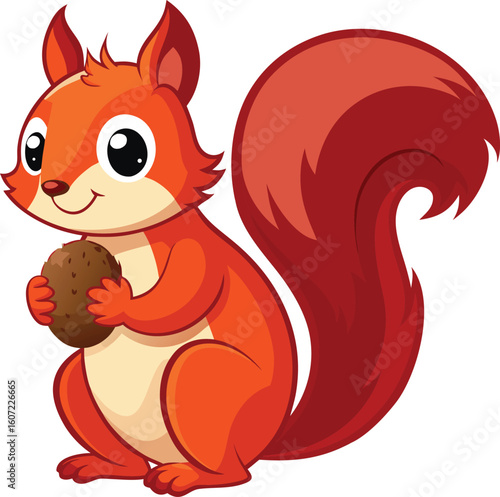 Cute cartoon squirrel holding a brown acorn with a bushy tail