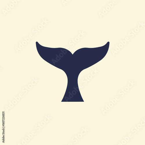 A simple graphic illustration of a dark blue whale tail fluke against a light beige background.
