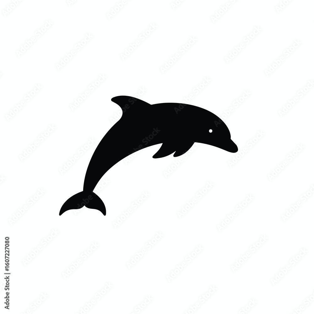 Fototapeta premium A simple black silhouette of a playful dolphin jumping, depicted as a minimalist graphic icon.