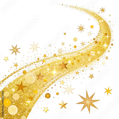 Golden glittering star trail with sparkles and bokeh effects isolated on transparent background