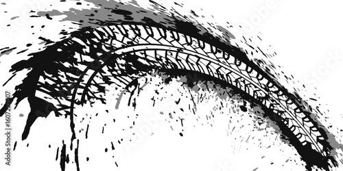 Tire tread marks, wheel textures, tire marks - car racing, motocross, drift, rally, off-road and others. Vector black isolated texture in grunge style with splashes.eps10