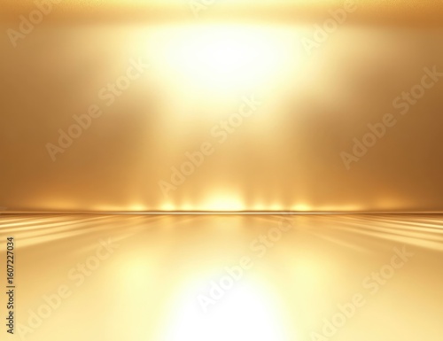Golden, empty studio space with soft, spotlight-like illumination.  Gradient from light to dark gold.  Reflections create a smooth, polished effect