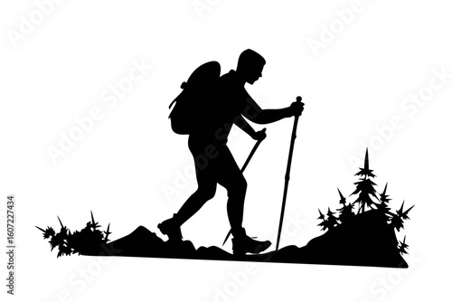 Silhouette of hiker trekking in nature with backpack and hiking poles outdoors