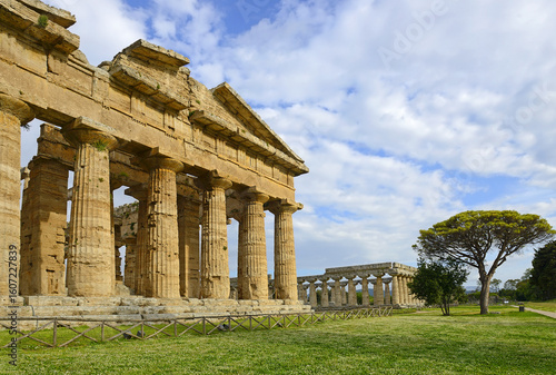 Temples of Hera in Paestum, Greek temples of Magna Graecia, the ruins of the ancient city of Paestum. UNESCO World Heritage Site, municipality of Capaccio, province of Salerno, Italy