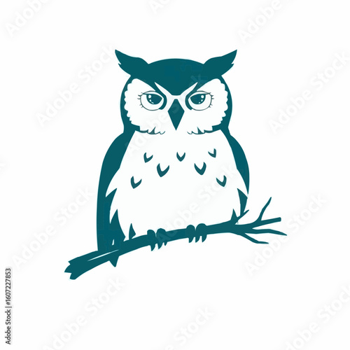 Stylized owl illustration sitting on a branch in teal color  