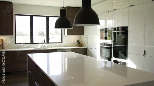 Modern kitchen island, sunlight, window view