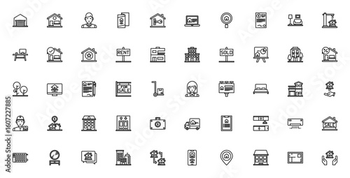 Real estate icon set. Minimal vector illustration. Includes symbols for home, garage, contract, apartment, sale, rent, building, search, and more. Editable stroke design.