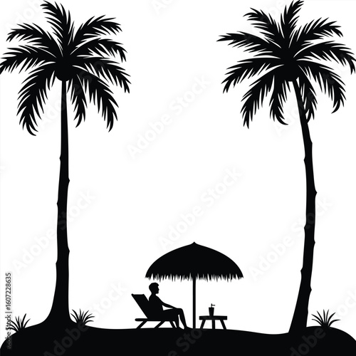 Person relaxing under palm trees and umbrella silhouette beach