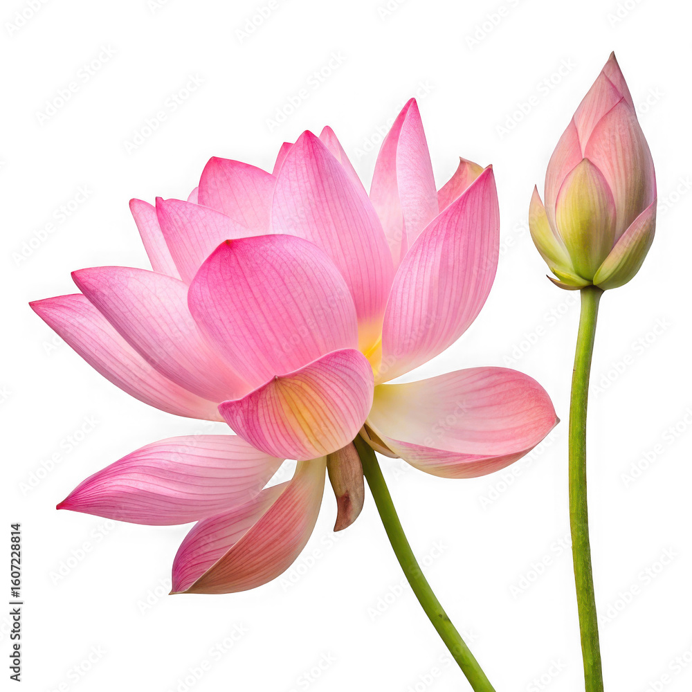 Fototapeta premium Delicate pink lotus flower and bud showing intricate petal details isolated on transparent background