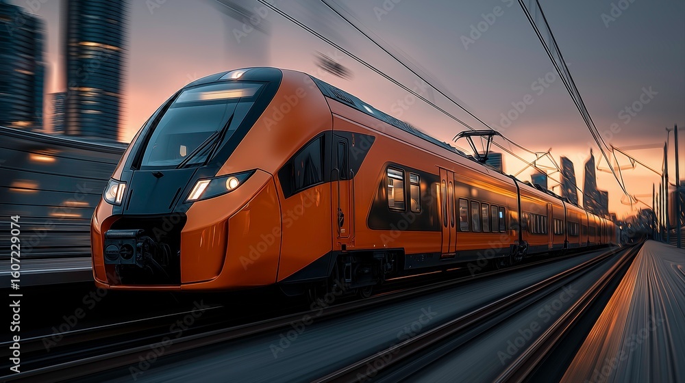 Naklejka premium Modern Yellow Passenger Train Moving Through City at Sunset