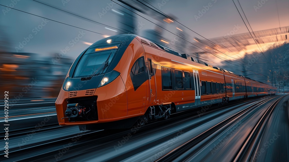 Naklejka premium Modern Orange Passenger Train Moving at Speed on Rail Tracks During Twilight