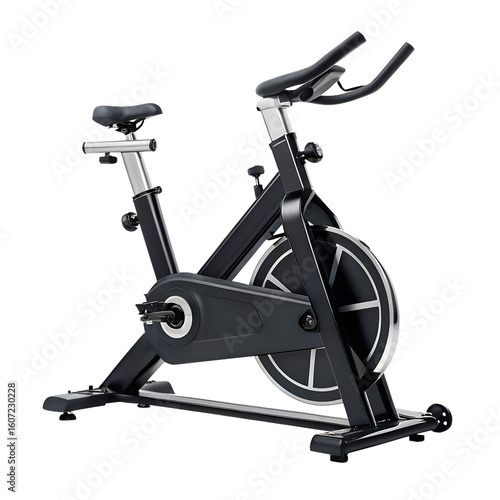 A modern black exercise bike for indoor fitness and cardio workouts isolated on transparent background