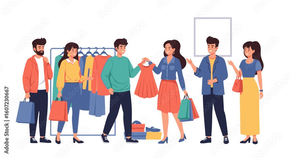 Fototapeta premium Happy shoppers choosing stylish clothes together in a bright boutique during a shopping spree