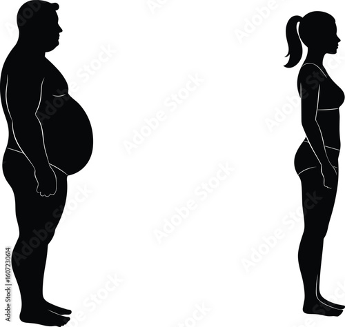 Body silhouette contrast, diverse physique profiles, health and lifestyle concept, black white image, abstract human form, visual difference, artistic shape