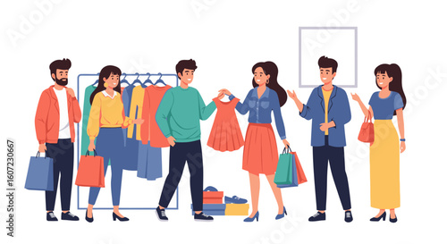 Happy shoppers choosing stylish clothes together in a bright boutique during a shopping spree