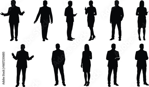 Business professionals silhouette, diverse corporate team, office attire group illustration, standing pose concept, black and white vector, isolated background graphic
