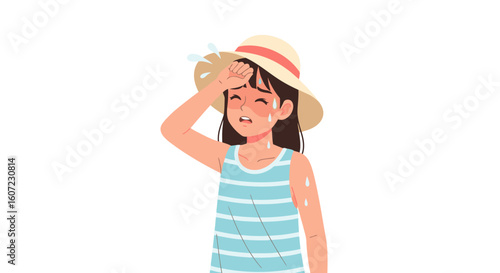 Young woman feeling overheated and exhausted in the summer heat, heatstroke concept