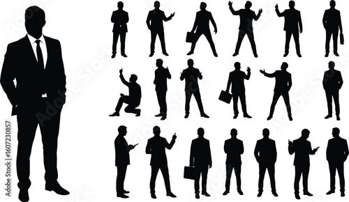 Businessman silhouette vector, formal attire poses, corporate gesture illustration, office standing and walking, professional suit icon, white background graphic