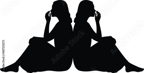 Contemplative silhouettes, emotional reflection pose, two people sitting back to back, isolated white background, introspective moment, artistic black vector illustration