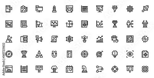 Strategy icon set. Business vector collection. Includes chess piece, bar chart, rocket launch, flowchart, trophy, target, compass, growth and more. Editable linear icons.