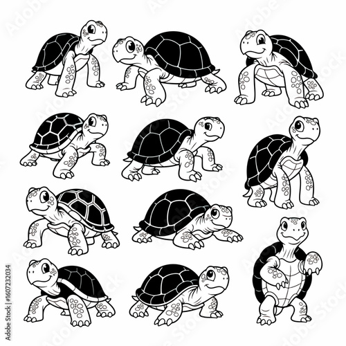 Cute turtles in various poses, black and white outline