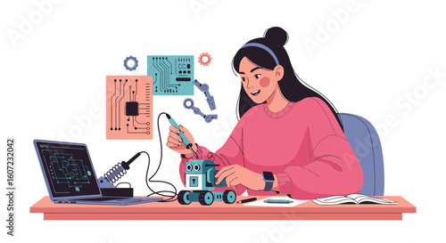 Young woman soldering robot parts, building technology for a brighter future with innovation