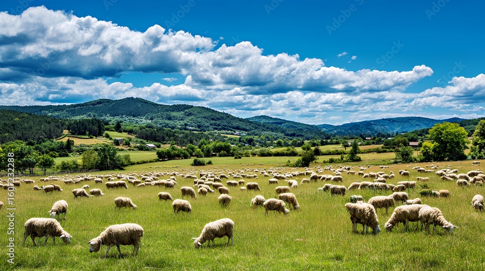 Obraz premium A serene landscape with a flock of sheep grazing under a bright blue sky.