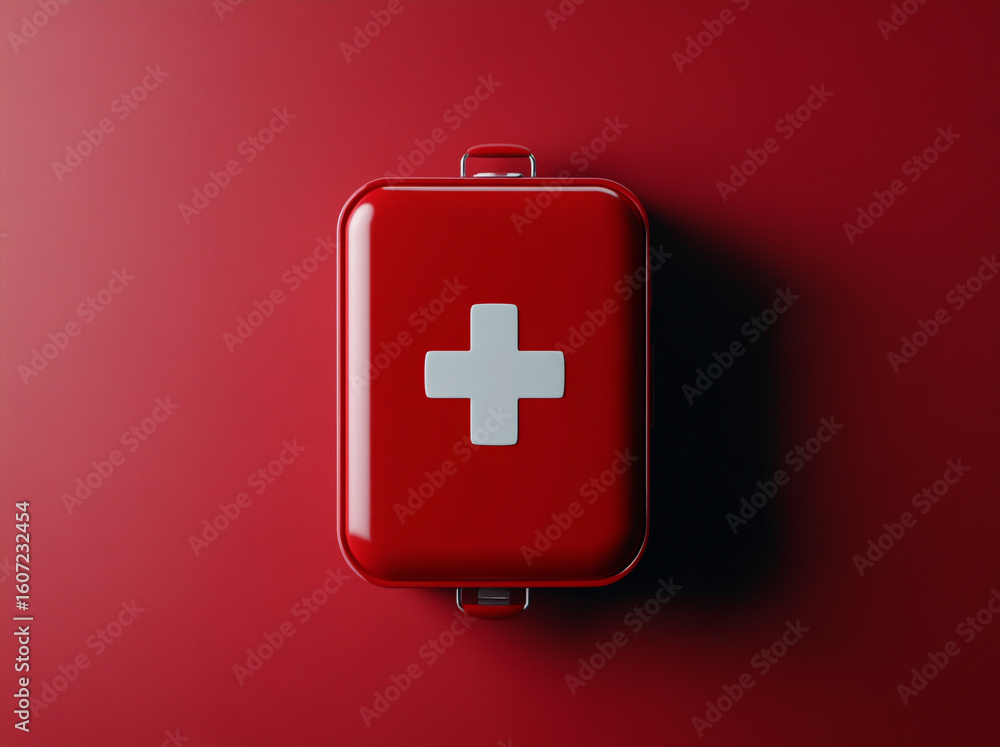 Obraz premium A highly detailed 3D render of a red first aid box, featuring a bold white cross, isolated on a soft studio backdrop, photographed from the top view