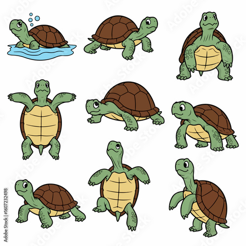 Green turtles in various poses, isolated animal characters