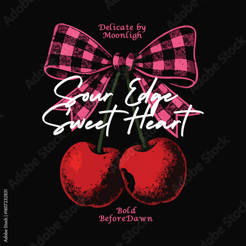 bow with cherry artwork. Cherry Boom t-shirt Graphics. vijntage fruit prints. summer food print graphic. girlis tee prints.