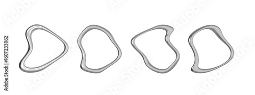 3D chrome metal line shapes with abstract silver liquid spiral effects. Y2K fluid gradients and steel wave patterns for futuristic backgrounds. Glossy holographic ribbons or dynamic coil designs.