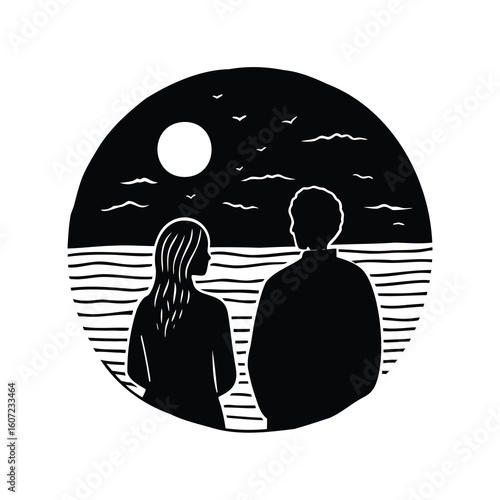 A Couple Gazing at the Tranquil Ocean Under the Moonlight Black and White Illustration
