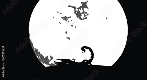Scorpion silhouette under full moon, night wildlife illustration, dramatic contrast, desert creature, black white vector design, mysterious nature scene