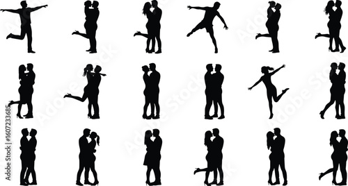 Romantic couple silhouettes dancing, hugging, kissing, expressing love, black and white vector, emotional connection, intimate relationship, affectionate pose design, illustration