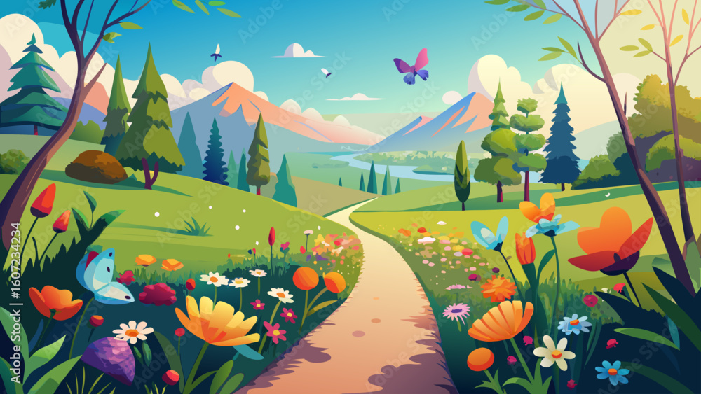 Fototapeta premium Vibrant spring meadow path leading to majestic mountains under a sunny sky