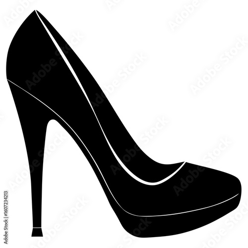 Elegant black high heel shoe silhouette with white accents on a white background