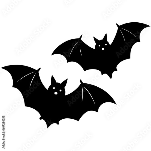 Two silhouetted bats flying against a white background with wings spread