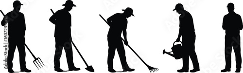 Silhouette of gardeners working, holding tools, watering plants, raking leaves, outdoor agriculture, farming, horticulture, garden maintenance, landscaping illustration